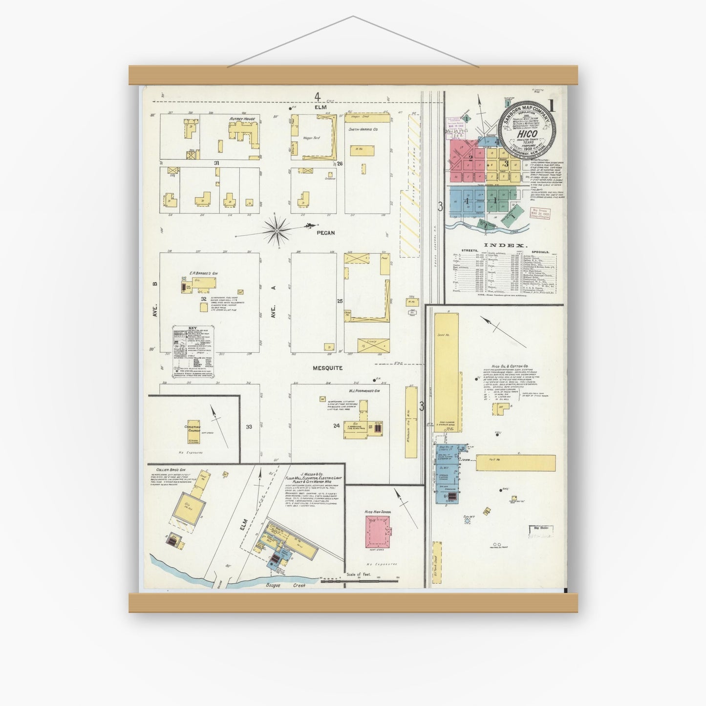 Old map wall art mockup — magnetic wood frame on white wall — Sanborn Fire Insurance Map from Hico, Hamilton County, Texas (1903) - Complete Map Set