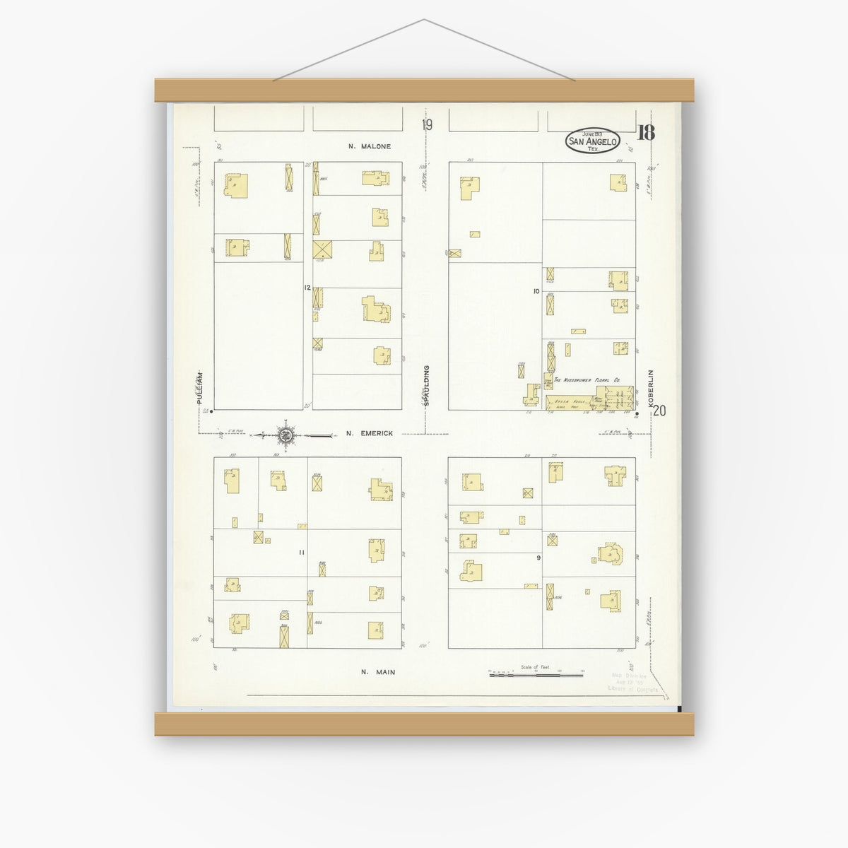 Old map wall art mockup — magnetic wood frame on white wall — Sanborn Fire Insurance Map from San Angelo, Tom Green County, Texas (1913), Sheet #0018