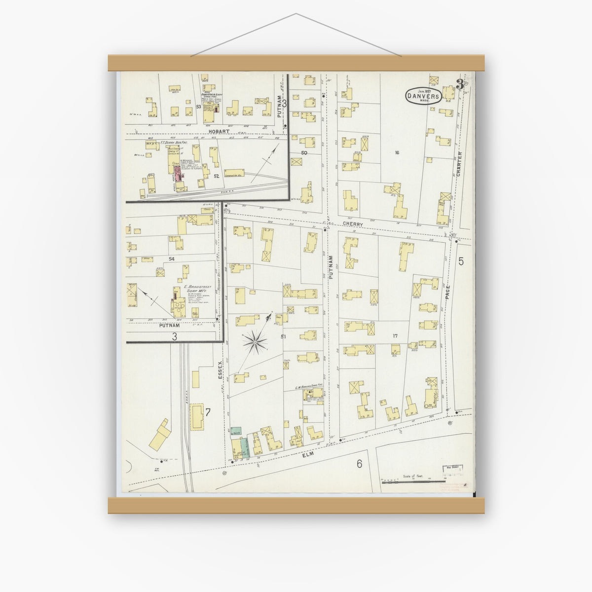 Old map wall art mockup — magnetic wood frame on white wall — Sanborn Fire Insurance Map from Danvers, Essex County, Massachusetts (1897), Sheet #0003