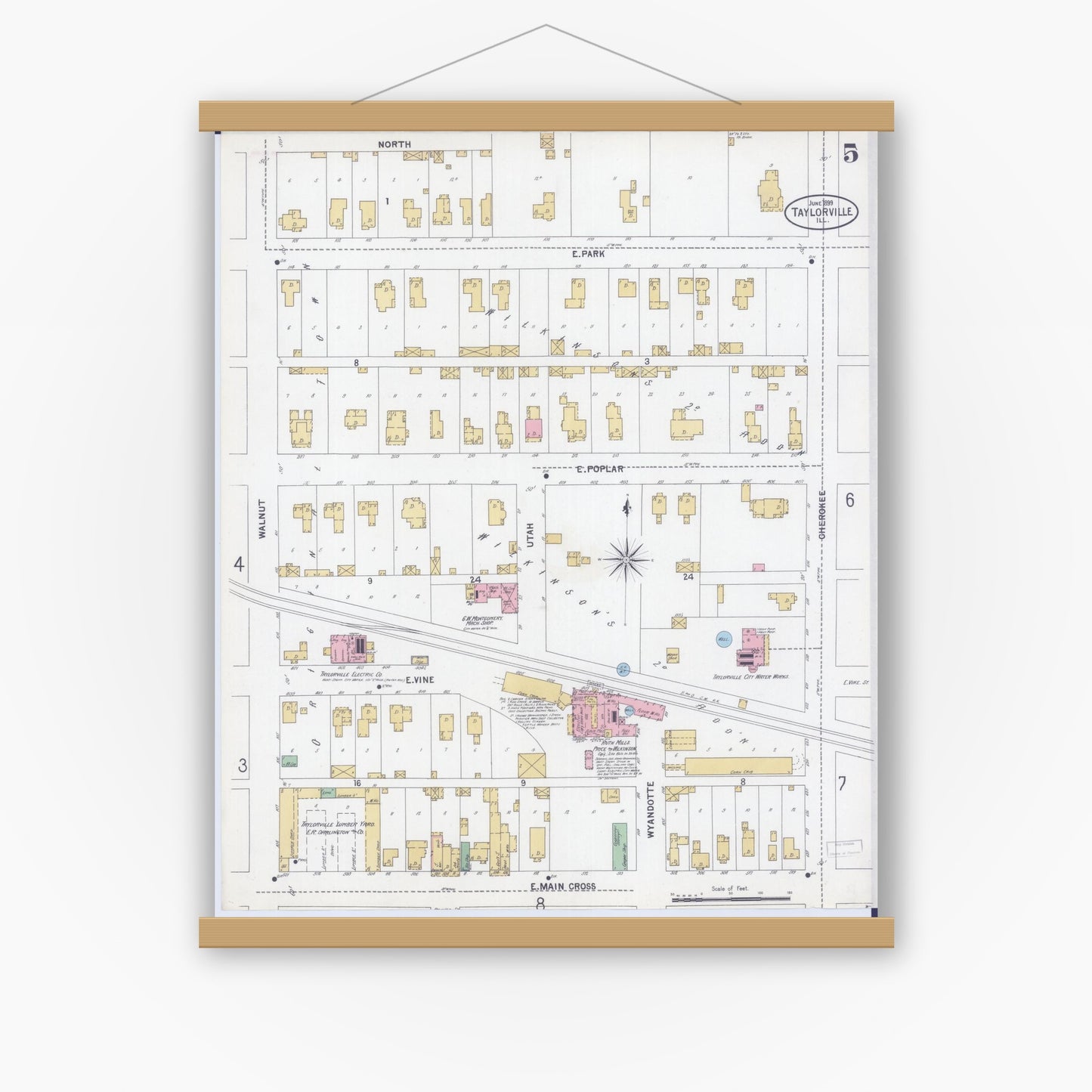 Old map wall art mockup — magnetic wood frame on white wall — Sanborn Fire Insurance Map from Taylorville, Christian County, Illinois (1899), Sheet #0005