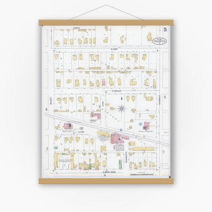 Old map wall art mockup — magnetic wood frame on white wall — Sanborn Fire Insurance Map from Taylorville, Christian County, Illinois (1899), Sheet #0005