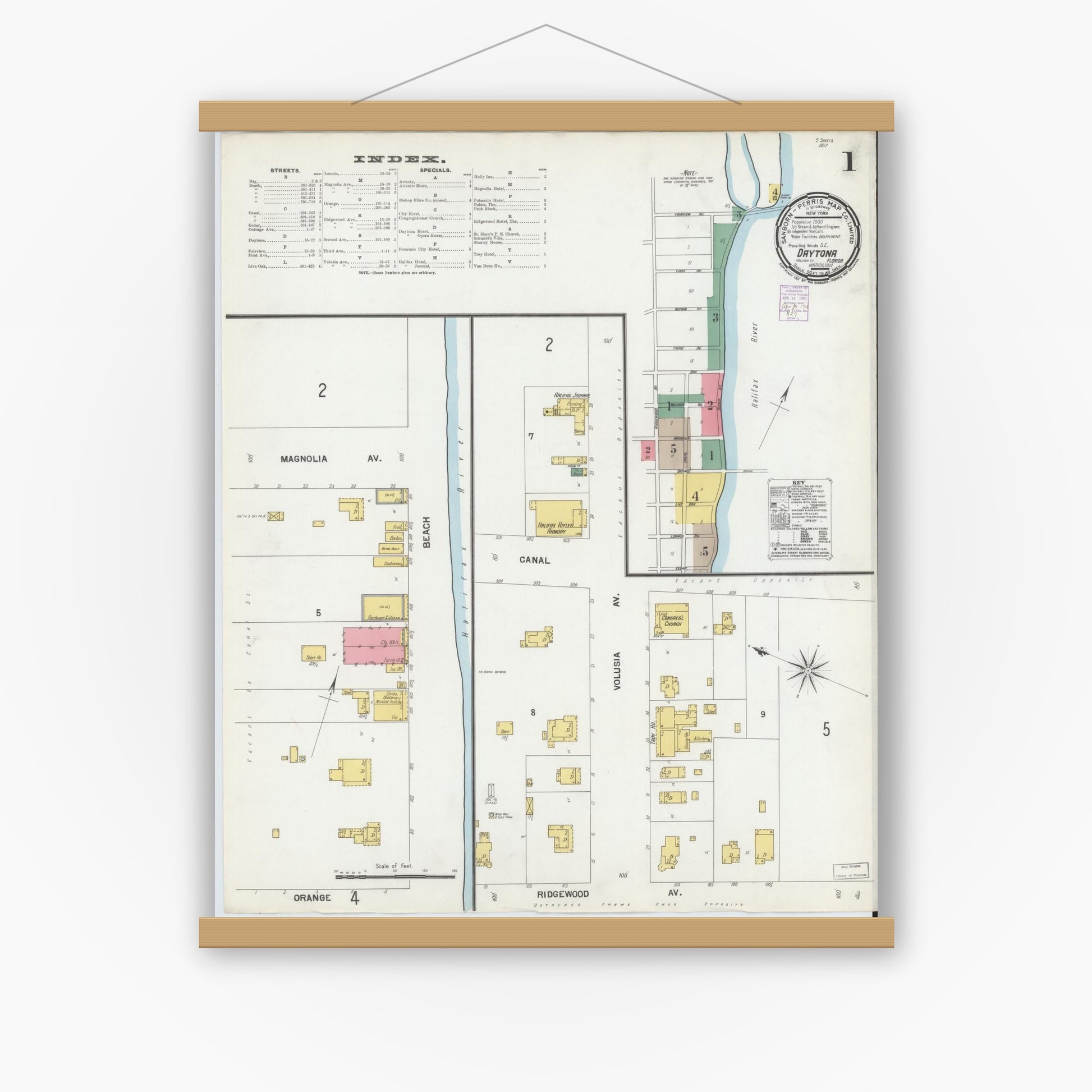 Old map wall art mockup — magnetic wood frame on white wall — Sanborn Fire Insurance Map from Daytona, Volusia County, Florida (1901) - Complete Map Set