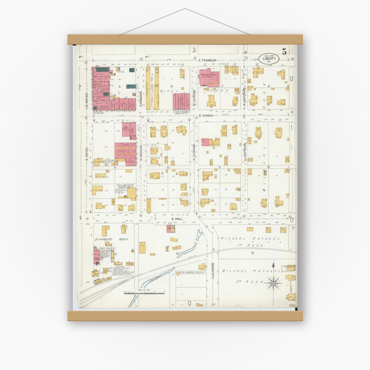 Old map wall art mockup — magnetic wood frame on white wall — Sanborn Fire Insurance Map from Liberty, Clay County, Missouri (1906), Sheet #0005