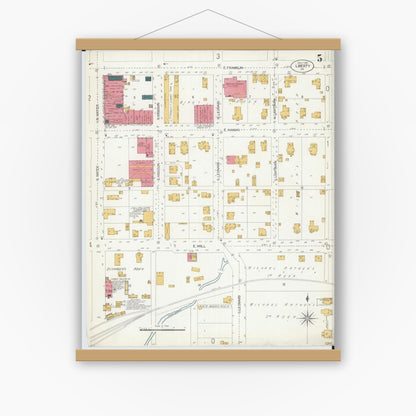 Old map wall art mockup — magnetic wood frame on white wall — Sanborn Fire Insurance Map from Liberty, Clay County, Missouri (1906), Sheet #0005