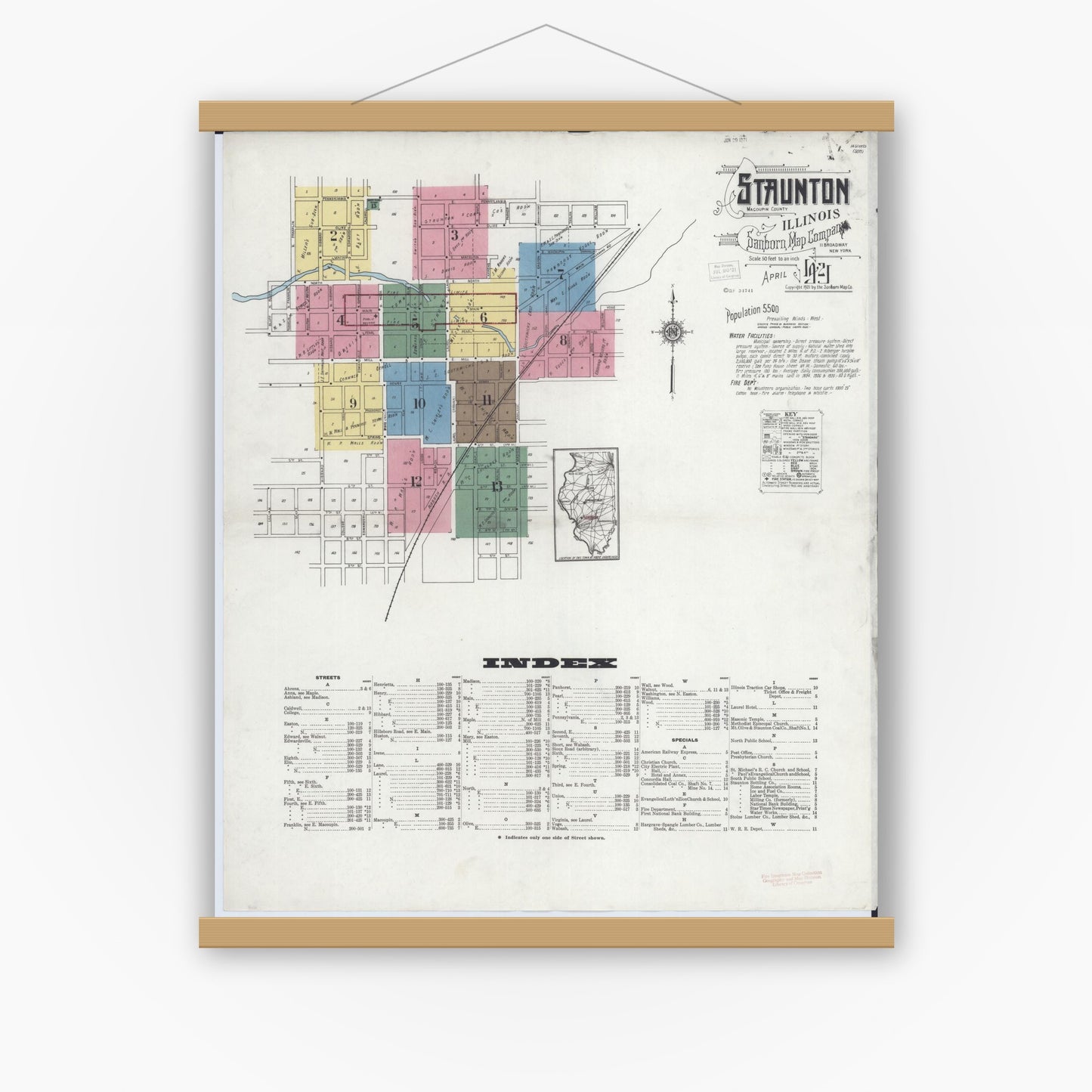 Old map wall art mockup — magnetic wood frame on white wall — Sanborn Fire Insurance Map from Staunton, Macoupin County, Illinois (1921) - Complete Map Set