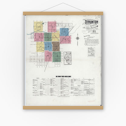 Old map wall art mockup — magnetic wood frame on white wall — Sanborn Fire Insurance Map from Staunton, Macoupin County, Illinois (1921) - Complete Map Set