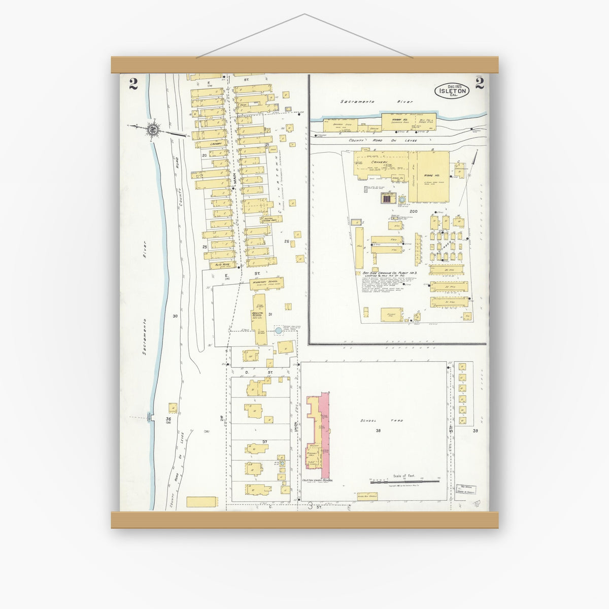 Old map wall art mockup — magnetic wood frame on white wall — Sanborn Fire Insurance Map from Isleton, Sacramento County, California (1925), Sheet #0002