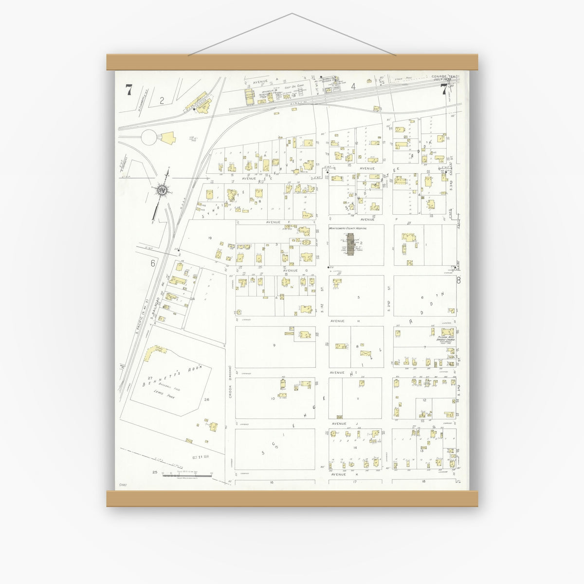 Old map wall art mockup — magnetic wood frame on white wall — Sanborn Fire Insurance Map from Conroe, Montgomery County, Texas (1938), Sheet #0007
