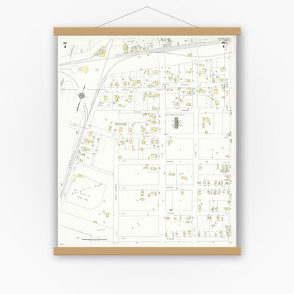 Old map wall art mockup — magnetic wood frame on white wall — Sanborn Fire Insurance Map from Conroe, Montgomery County, Texas (1938), Sheet #0007