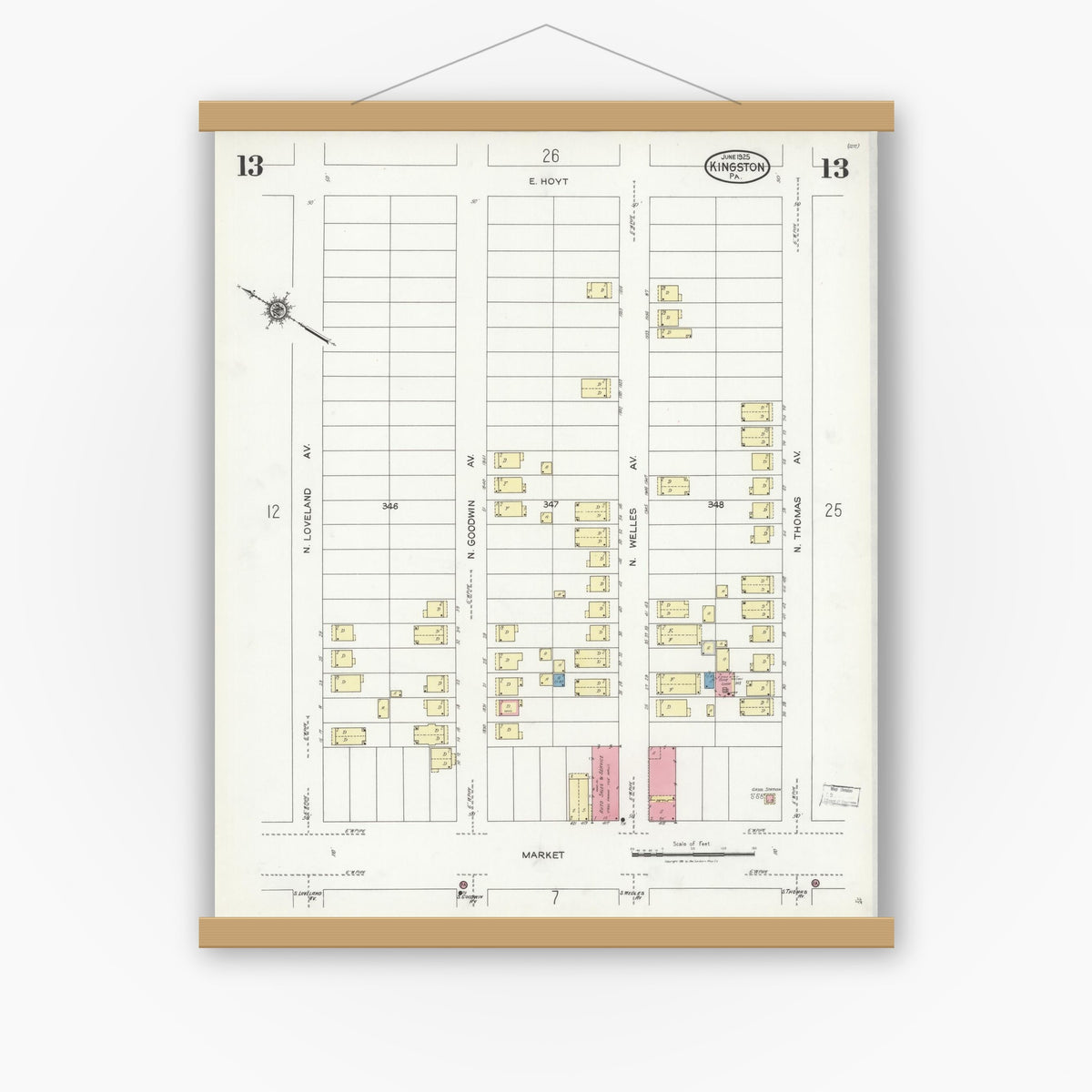 Old map wall art mockup — magnetic wood frame on white wall — Sanborn Fire Insurance Map from Kingston, Luzerne County, Pennsylvania (1925), Sheet #0013