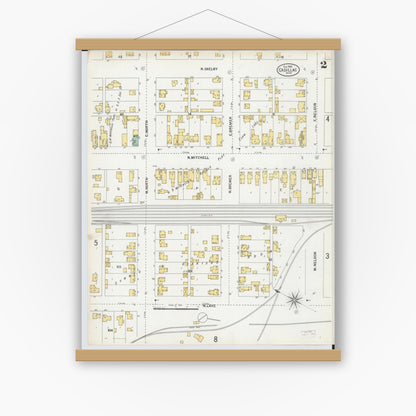 Old map wall art mockup — magnetic wood frame on white wall — Sanborn Fire Insurance Map from Cadillac, Wexford County, Michigan (1900), Sheet #0002