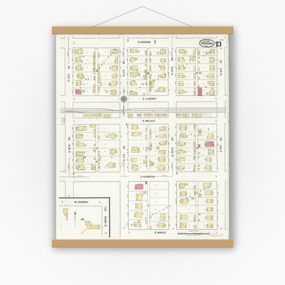Old map wall art mockup — magnetic wood frame on white wall — Sanborn Fire Insurance Map from Herrin, Williamson County, Illinois (1922), Sheet #0013