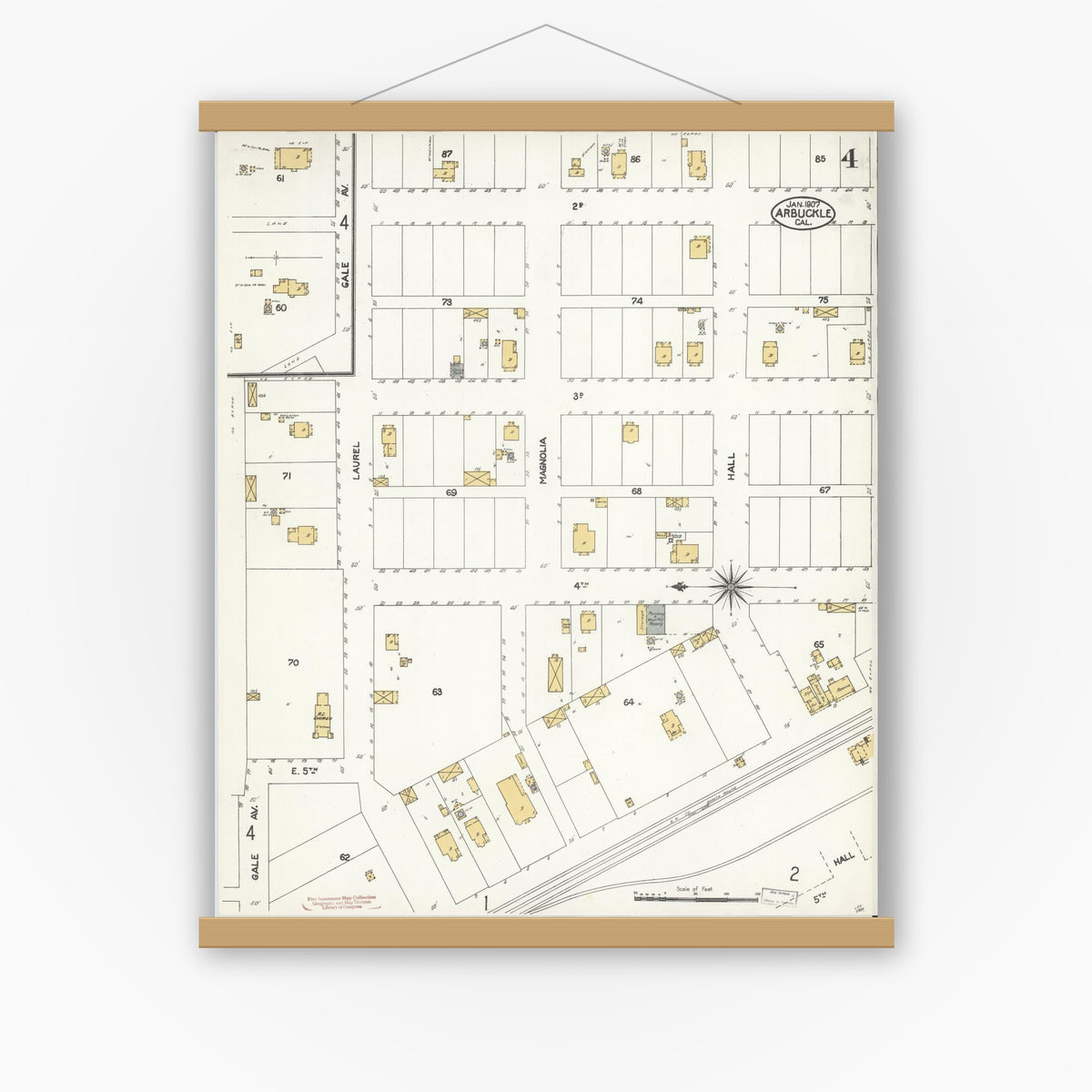 Old map wall art mockup — magnetic wood frame on white wall — Sanborn Fire Insurance Map from Arbuckle, Colusa County, California (1907), Sheet #0004