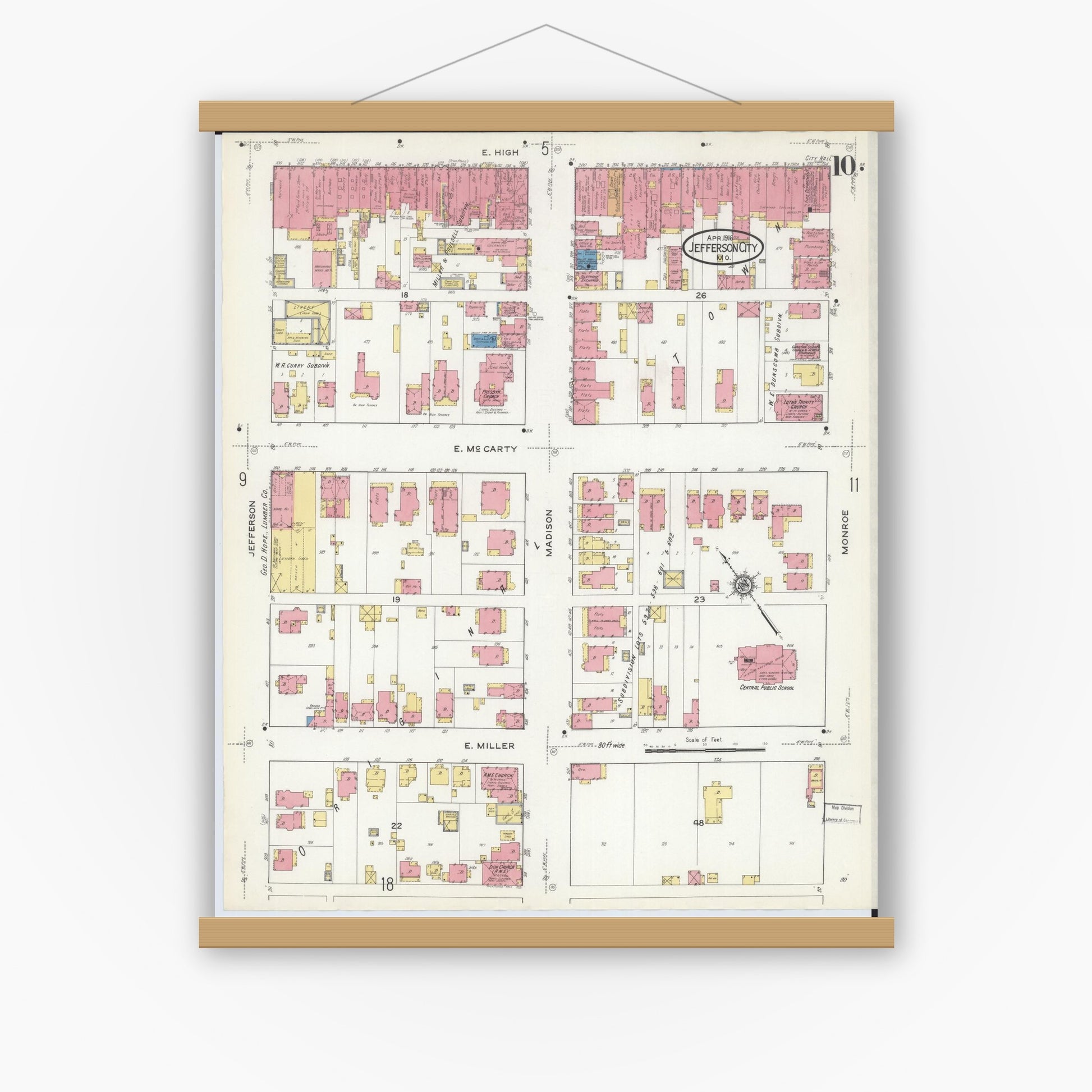Old map wall art mockup — magnetic wood frame on white wall — Sanborn Fire Insurance Map from Jefferson City, Cole County, Missouri (1916), Sheet #0010