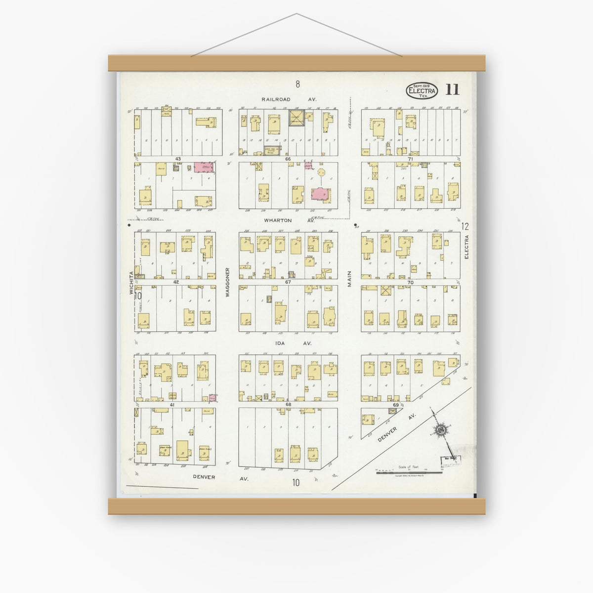 Old map wall art mockup — magnetic wood frame on white wall — Sanborn Fire Insurance Map from Electra, Wichita County, Texas (1919), Sheet #0011
