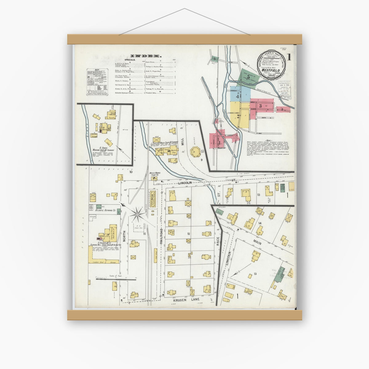 Old map wall art mockup — magnetic wood frame on white wall — Sanborn Fire Insurance Map from Westfield, Tioga County, Pennsylvania (1900) - Complete Map Set