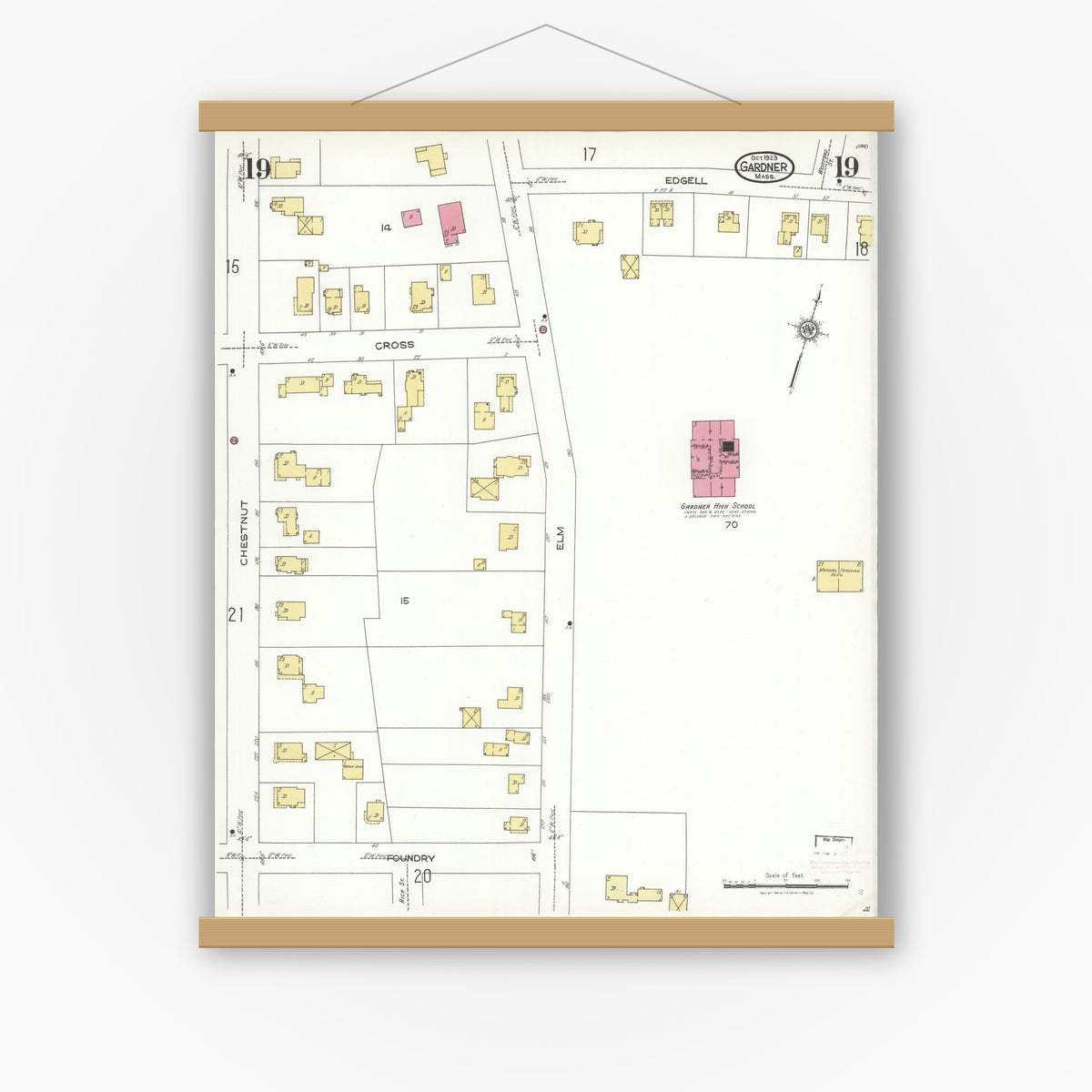 Old map wall art mockup — magnetic wood frame on white wall — Sanborn Fire Insurance Map from Gardner, Worcester County, Massachusetts (1923), Sheet #0019