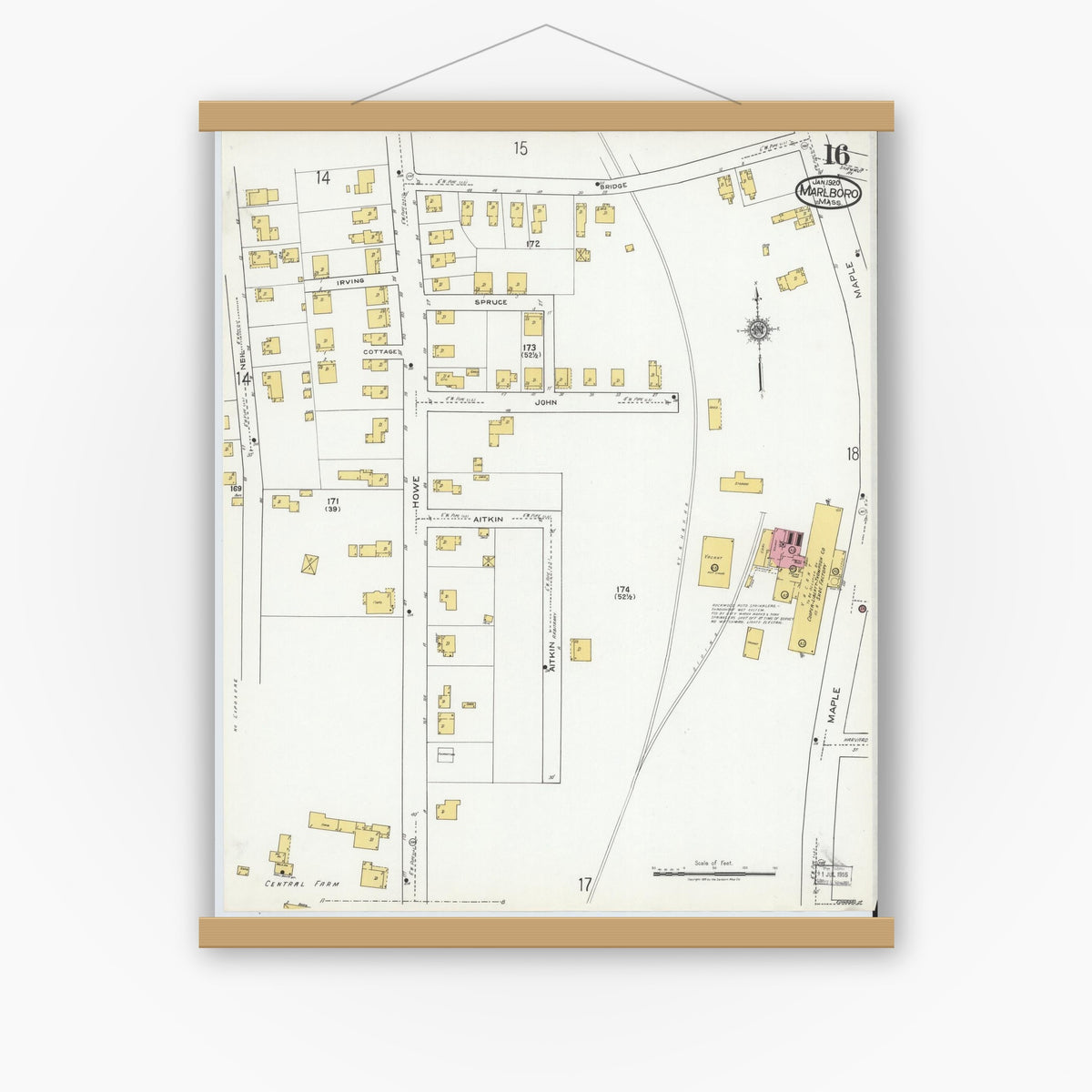 Old map wall art mockup — magnetic wood frame on white wall — Sanborn Fire Insurance Map from Marlborough, Middlesex County, Massachusetts (1920), Sheet #0016