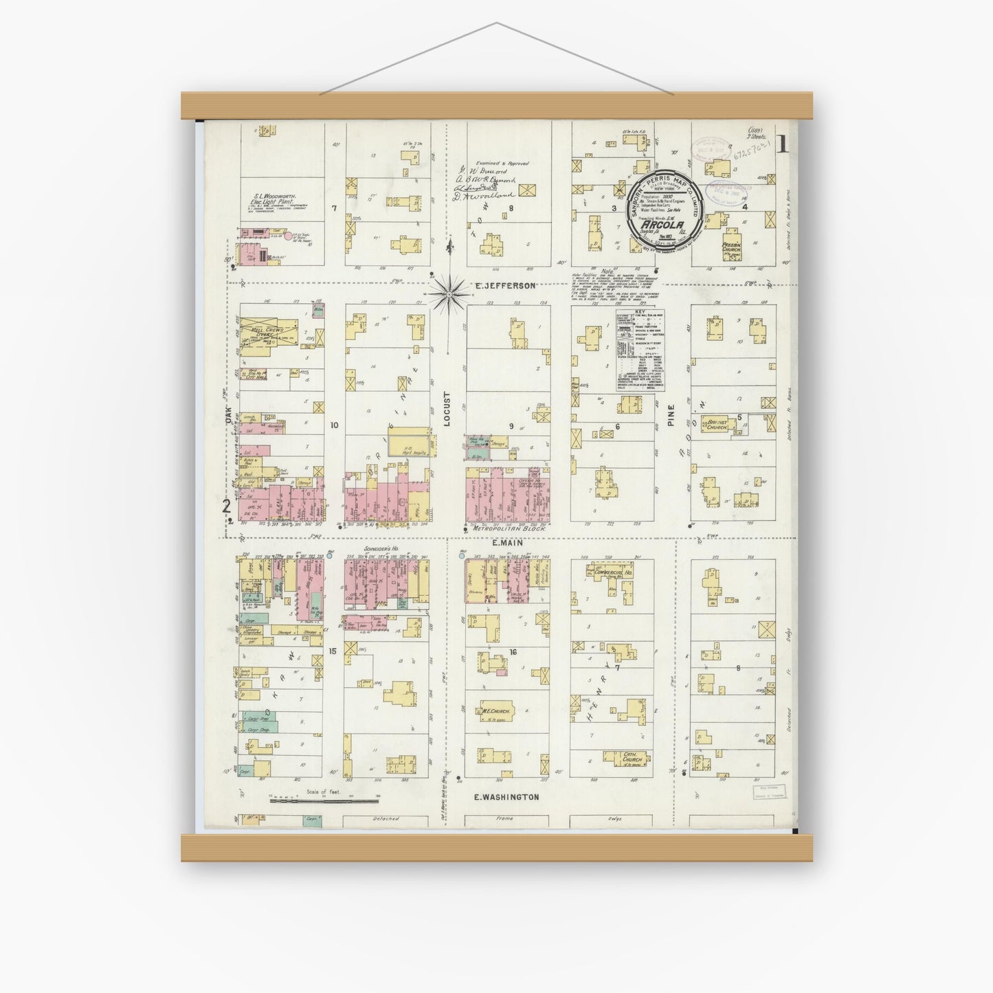 Old map wall art mockup — magnetic wood frame on white wall — Sanborn Fire Insurance Map from Arcola, Douglas County, Illinois (1897) - Complete Map Set