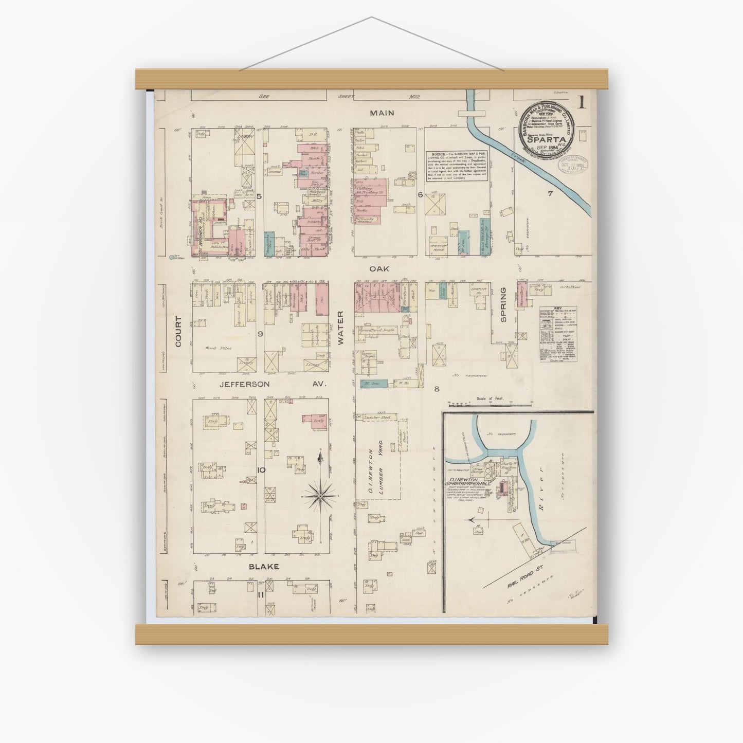 Old map wall art mockup — magnetic wood frame on white wall — Sanborn Fire Insurance Map from Sparta, Monroe County, Wisconsin (1884) - Complete Map Set