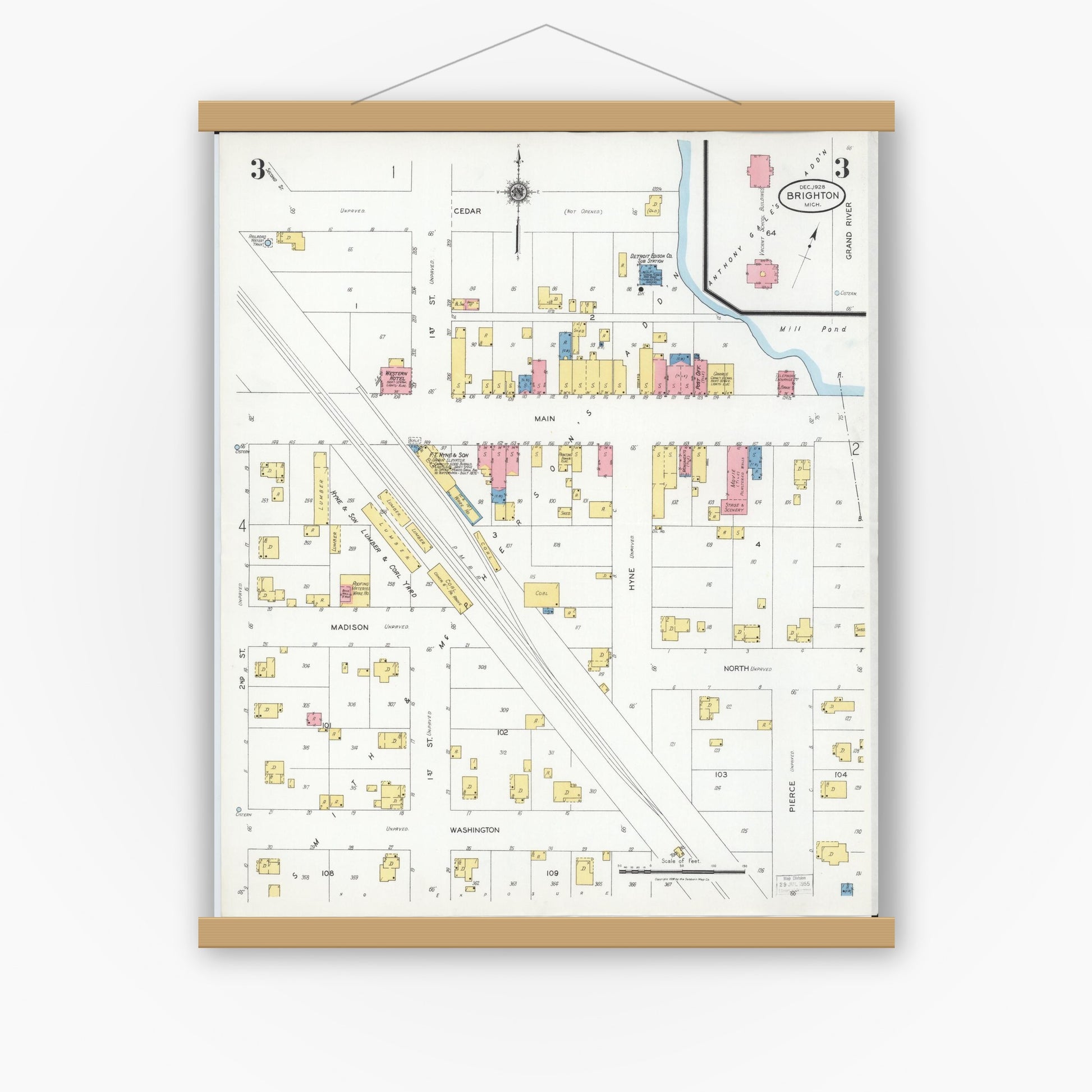 Old map wall art mockup — magnetic wood frame on white wall — Sanborn Fire Insurance Map from Brighton, Livingston County, Michigan (1928), Sheet #0003