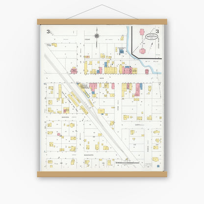 Old map wall art mockup — magnetic wood frame on white wall — Sanborn Fire Insurance Map from Brighton, Livingston County, Michigan (1928), Sheet #0003