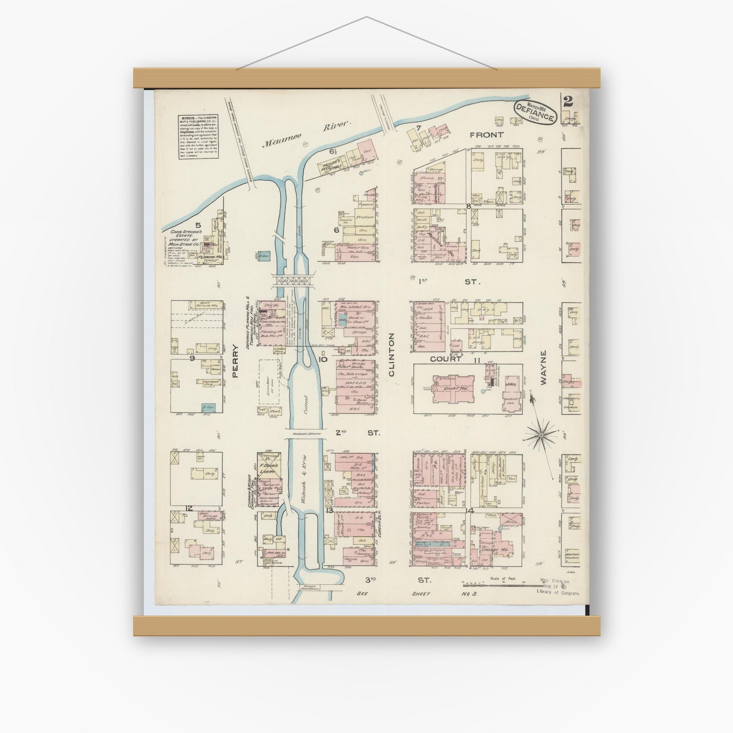 Old map wall art mockup — magnetic wood frame on white wall — Sanborn Fire Insurance Map from Defiance, Defiance County, Ohio (1884), Sheet #0002