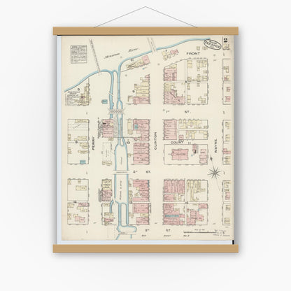 Old map wall art mockup — magnetic wood frame on white wall — Sanborn Fire Insurance Map from Defiance, Defiance County, Ohio (1884), Sheet #0002
