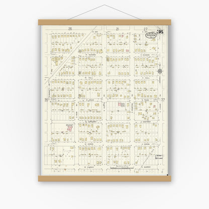 Old map wall art mockup — magnetic wood frame on white wall — Sanborn Fire Insurance Map from Denison, Grayson County, Texas (1914), Sheet #0036