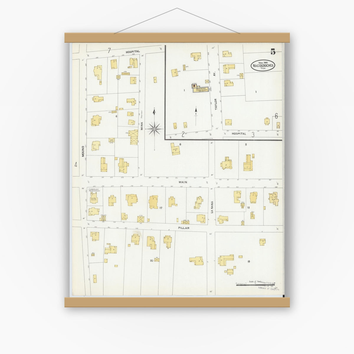Old map wall art mockup — magnetic wood frame on white wall — Sanborn Fire Insurance Map from Nacogdoches, Nacogdoches County, Texas (1906), Sheet #0005