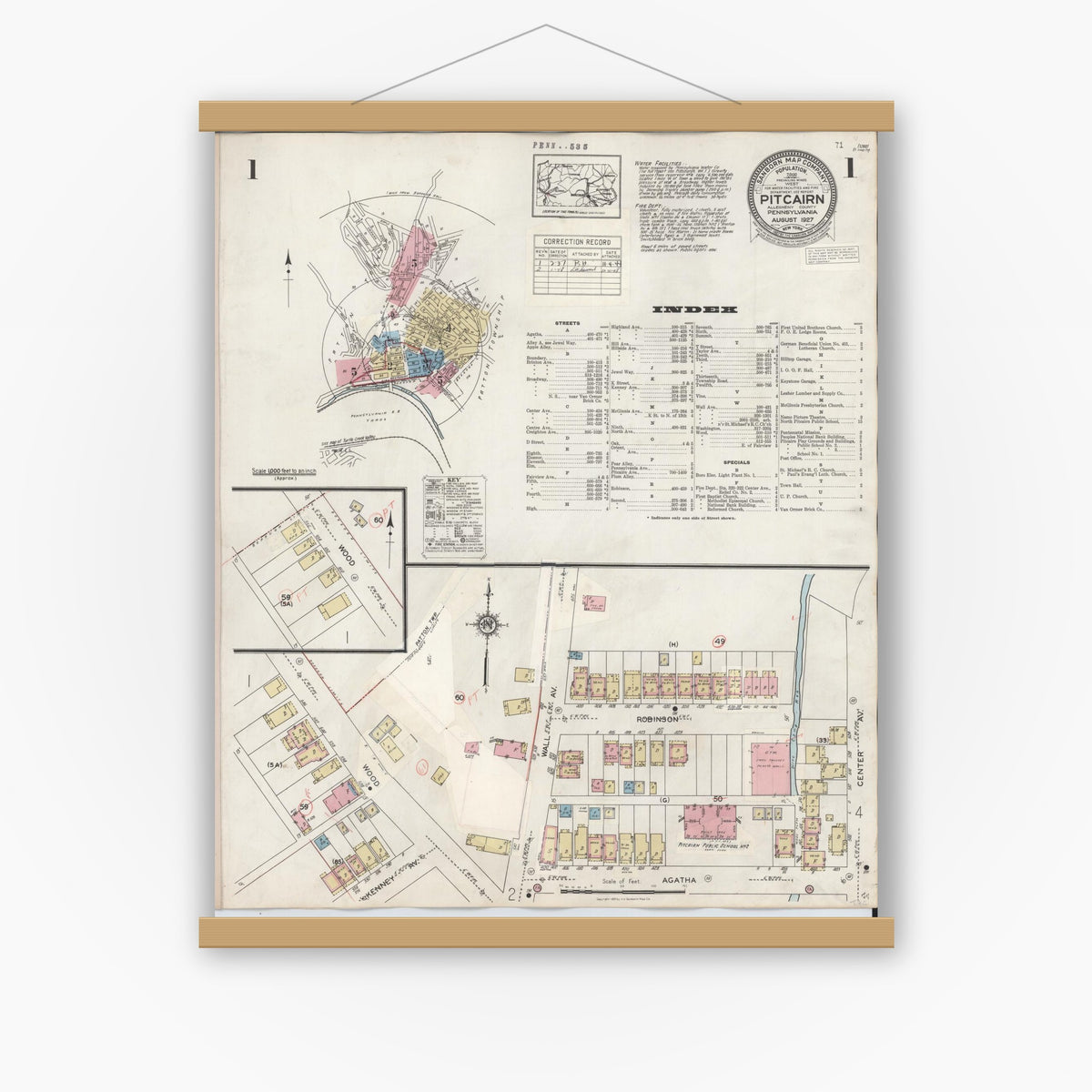 Old map wall art mockup — magnetic wood frame on white wall — Sanborn Fire Insurance Map from Pitcairn, Allegheny County, Pennsylvania (1948), Sheet #0001