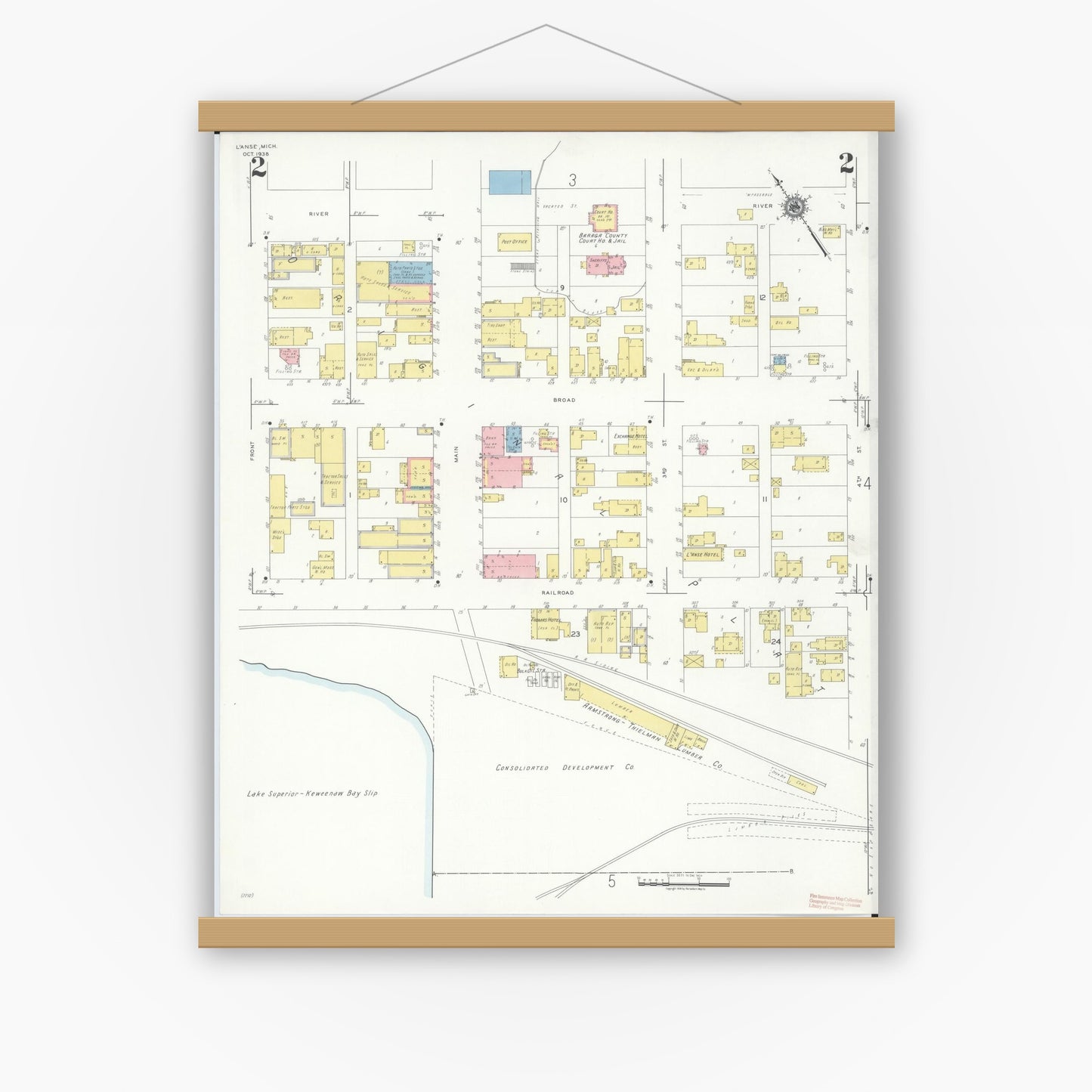 Old map wall art mockup — magnetic wood frame on white wall — Sanborn Fire Insurance Map from L'Anse, Baraga County, Michigan (1938), Sheet #0002