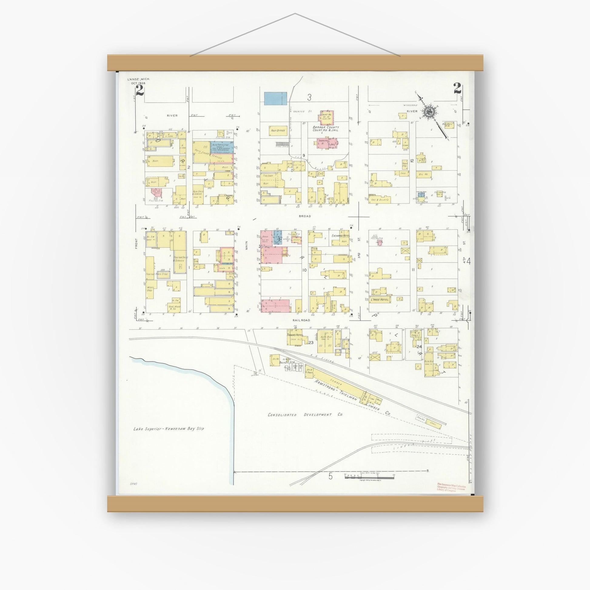 Old map wall art mockup — magnetic wood frame on white wall — Sanborn Fire Insurance Map from L'Anse, Baraga County, Michigan (1938), Sheet #0002
