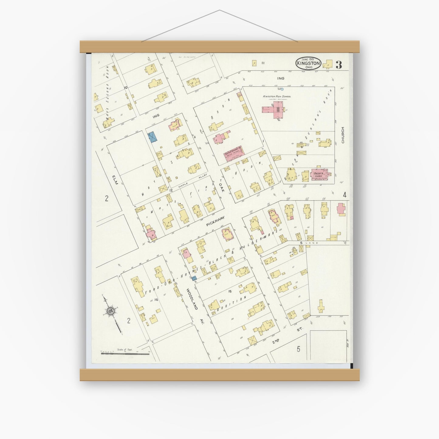 Old map wall art mockup — magnetic wood frame on white wall — Sanborn Fire Insurance Map from Kingston, Ross County, Ohio (1915), Sheet #0003