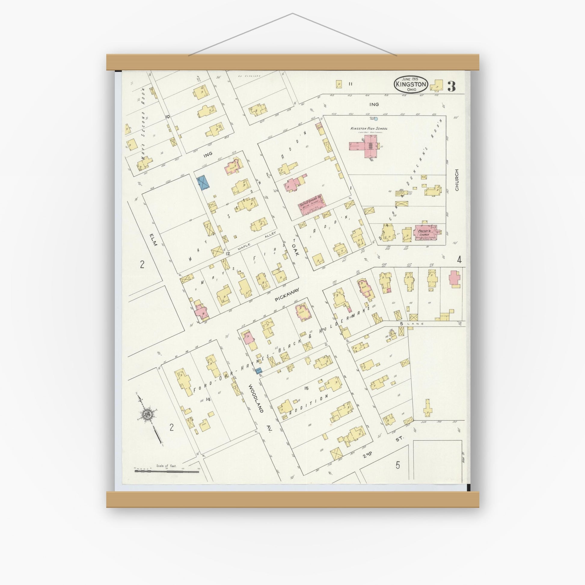 Old map wall art mockup — magnetic wood frame on white wall — Sanborn Fire Insurance Map from Kingston, Ross County, Ohio (1915), Sheet #0003