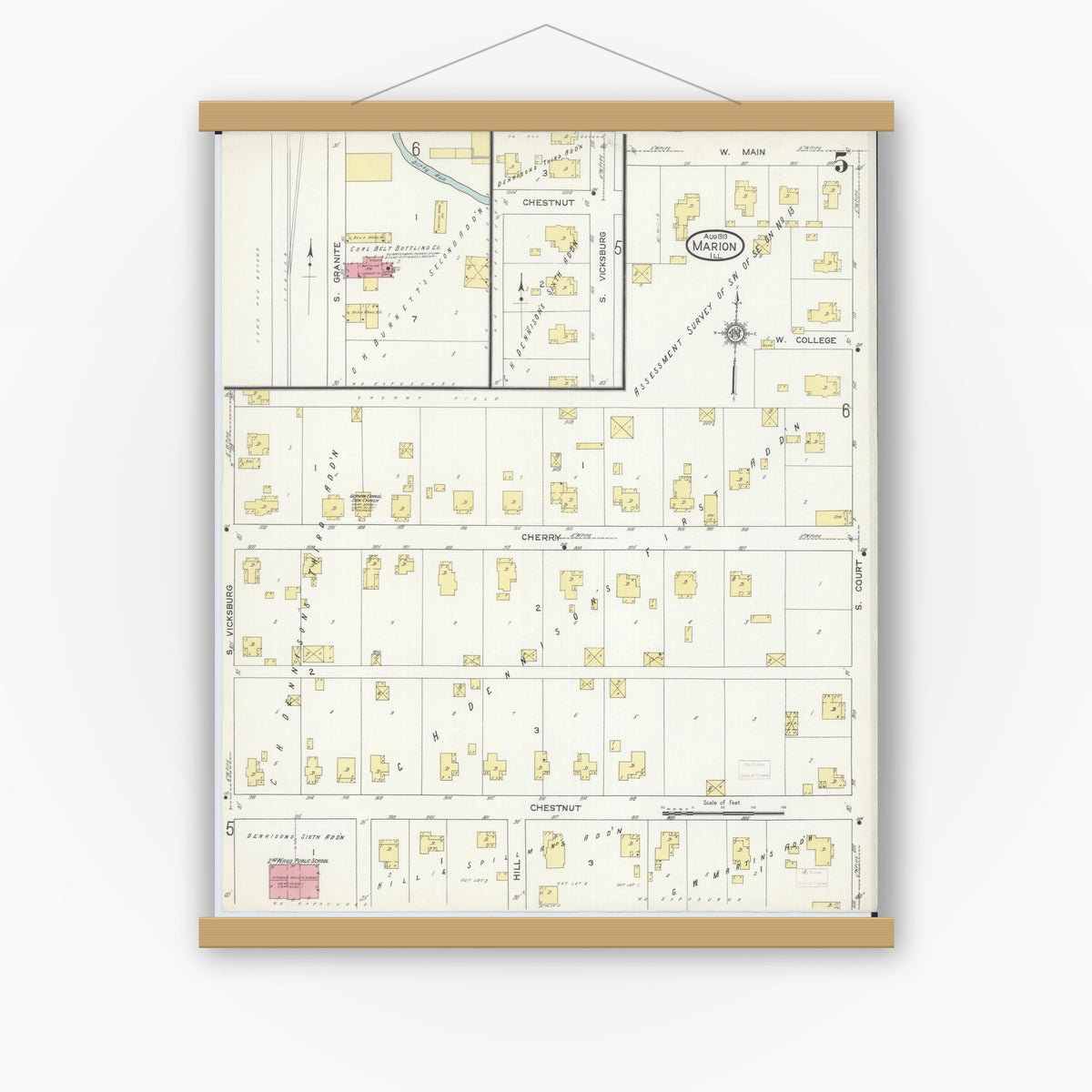 Old map wall art mockup — magnetic wood frame on white wall — Sanborn Fire Insurance Map from Marion, Williamson County, Illinois (1913), Sheet #0005
