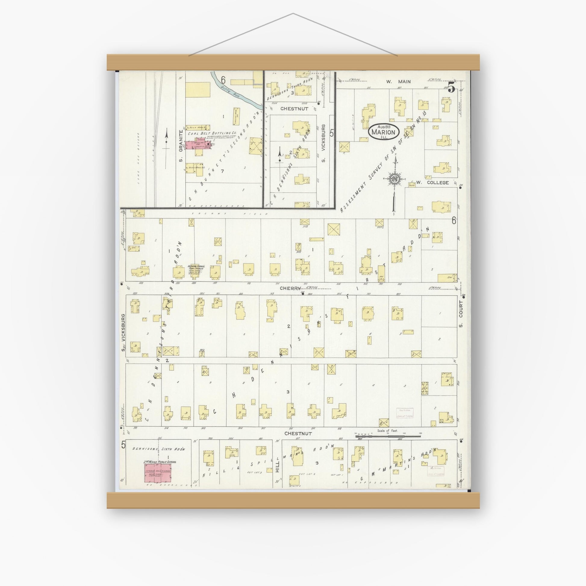 Old map wall art mockup — magnetic wood frame on white wall — Sanborn Fire Insurance Map from Marion, Williamson County, Illinois (1913), Sheet #0005