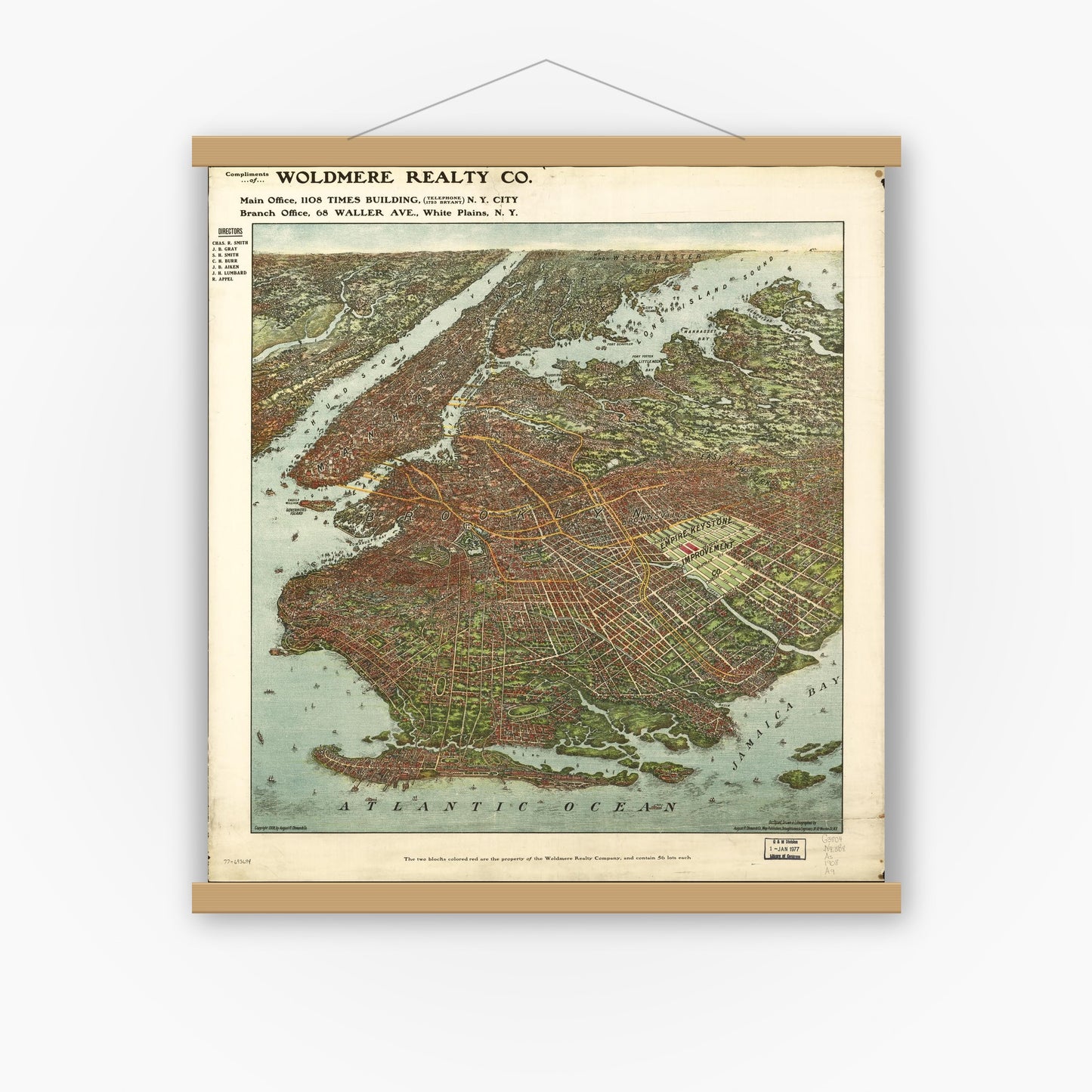 Old map wall art mockup — magnetic wood frame on white wall — [Bird's-eye-view of Brooklyn] (1908)