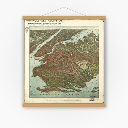 Old map wall art mockup — magnetic wood frame on white wall — [Bird's-eye-view of Brooklyn] (1908)