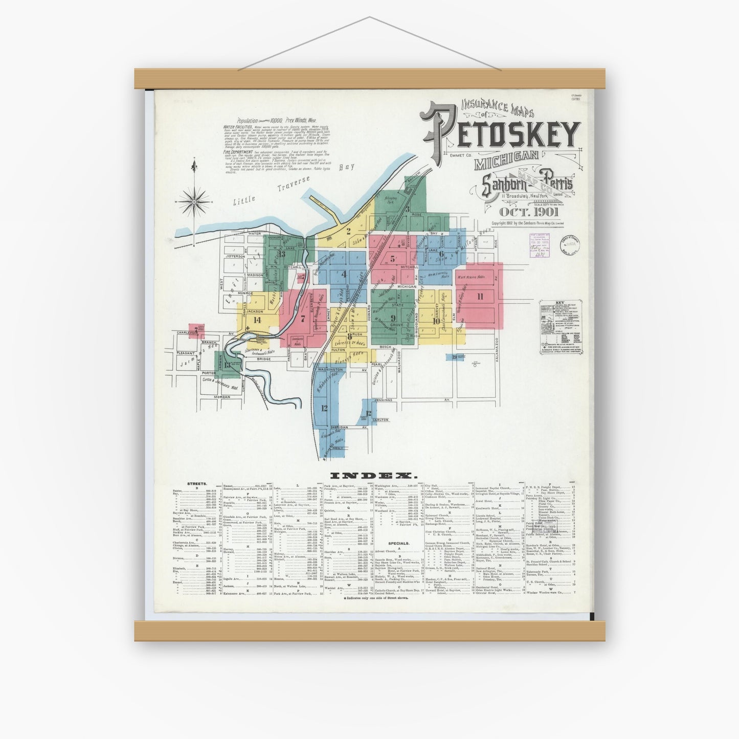 Old map wall art mockup — magnetic wood frame on white wall — Sanborn Fire Insurance Map from Petoskey, Emmet County, Michigan (1901) - Complete Map Set