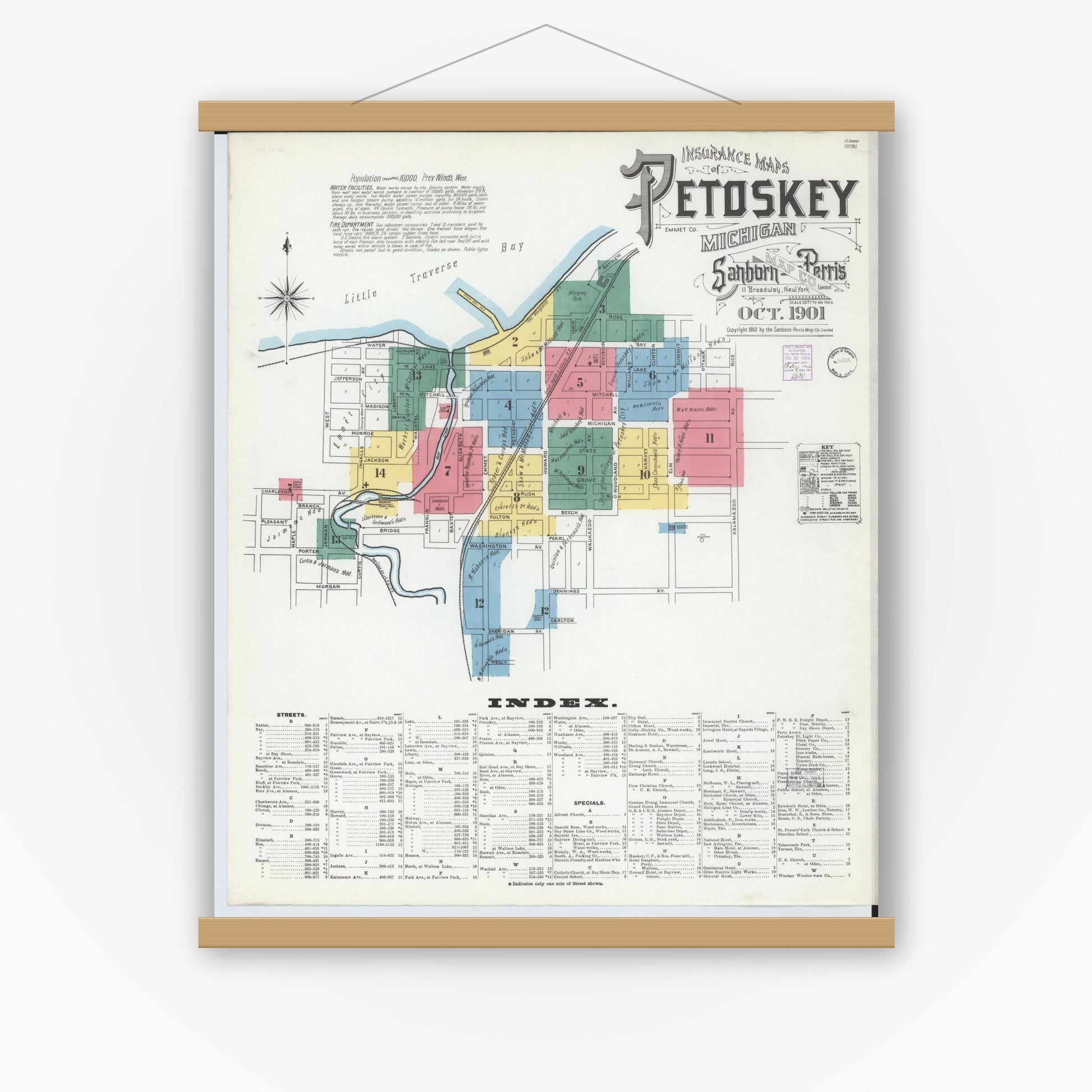 Old map wall art mockup — magnetic wood frame on white wall — Sanborn Fire Insurance Map from Petoskey, Emmet County, Michigan (1901) - Complete Map Set