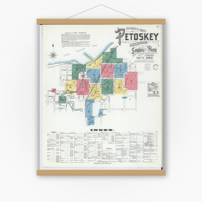 Old map wall art mockup — magnetic wood frame on white wall — Sanborn Fire Insurance Map from Petoskey, Emmet County, Michigan (1901) - Complete Map Set