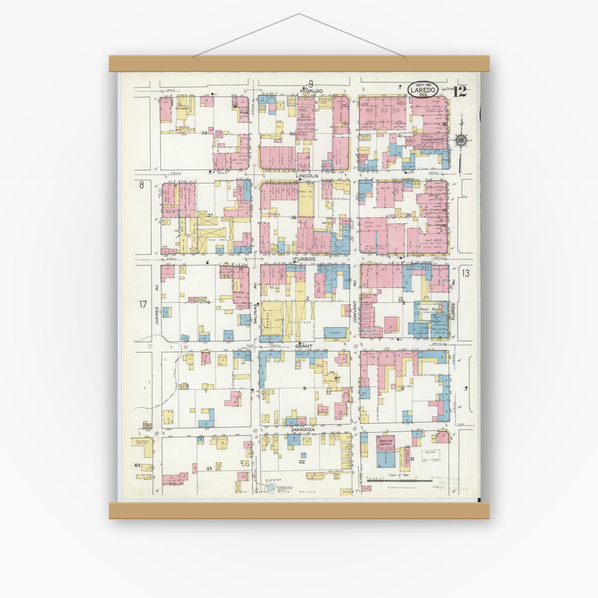 Old map wall art mockup — magnetic wood frame on white wall — Sanborn Fire Insurance Map from Laredo, Webb County, Texas (1916), Sheet #0012