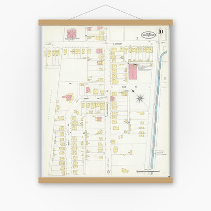 Old map wall art mockup — magnetic wood frame on white wall — Sanborn Fire Insurance Map from Uniontown, Fayette County, Pennsylvania (1907), Sheet #0010