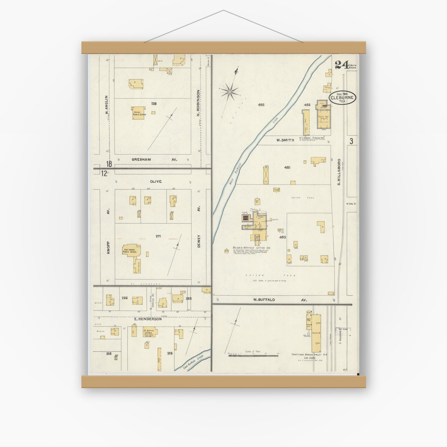 Old map wall art mockup — magnetic wood frame on white wall — Sanborn Fire Insurance Map from Cleburne, Johnson County, Texas (1904), Sheet #0024