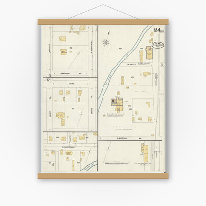 Old map wall art mockup — magnetic wood frame on white wall — Sanborn Fire Insurance Map from Cleburne, Johnson County, Texas (1904), Sheet #0024