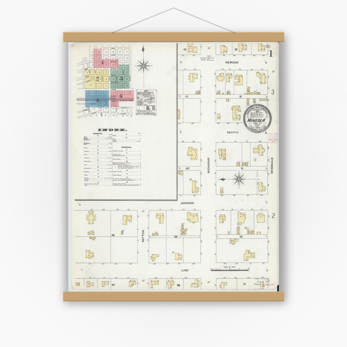 Old map wall art mockup — magnetic wood frame on white wall — Sanborn Fire Insurance Map from Mineola, Wood County, Texas (1906) - Complete Map Set