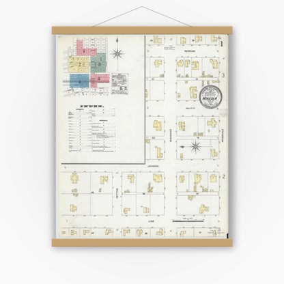 Old map wall art mockup — magnetic wood frame on white wall — Sanborn Fire Insurance Map from Mineola, Wood County, Texas (1906) - Complete Map Set