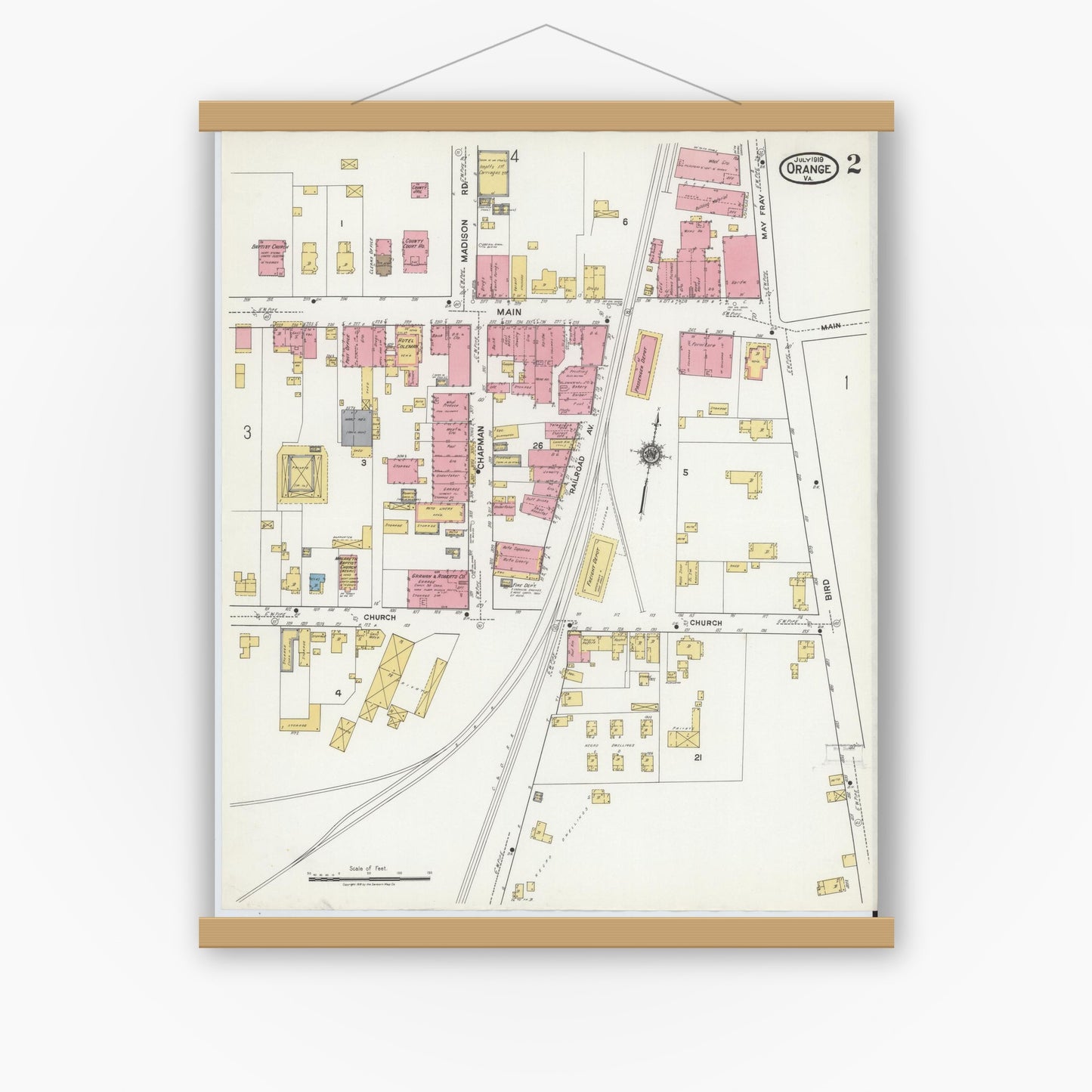 Old map wall art mockup — magnetic wood frame on white wall — Sanborn Fire Insurance Map from Orange, Orange County, Virginia (1919), Sheet #0002