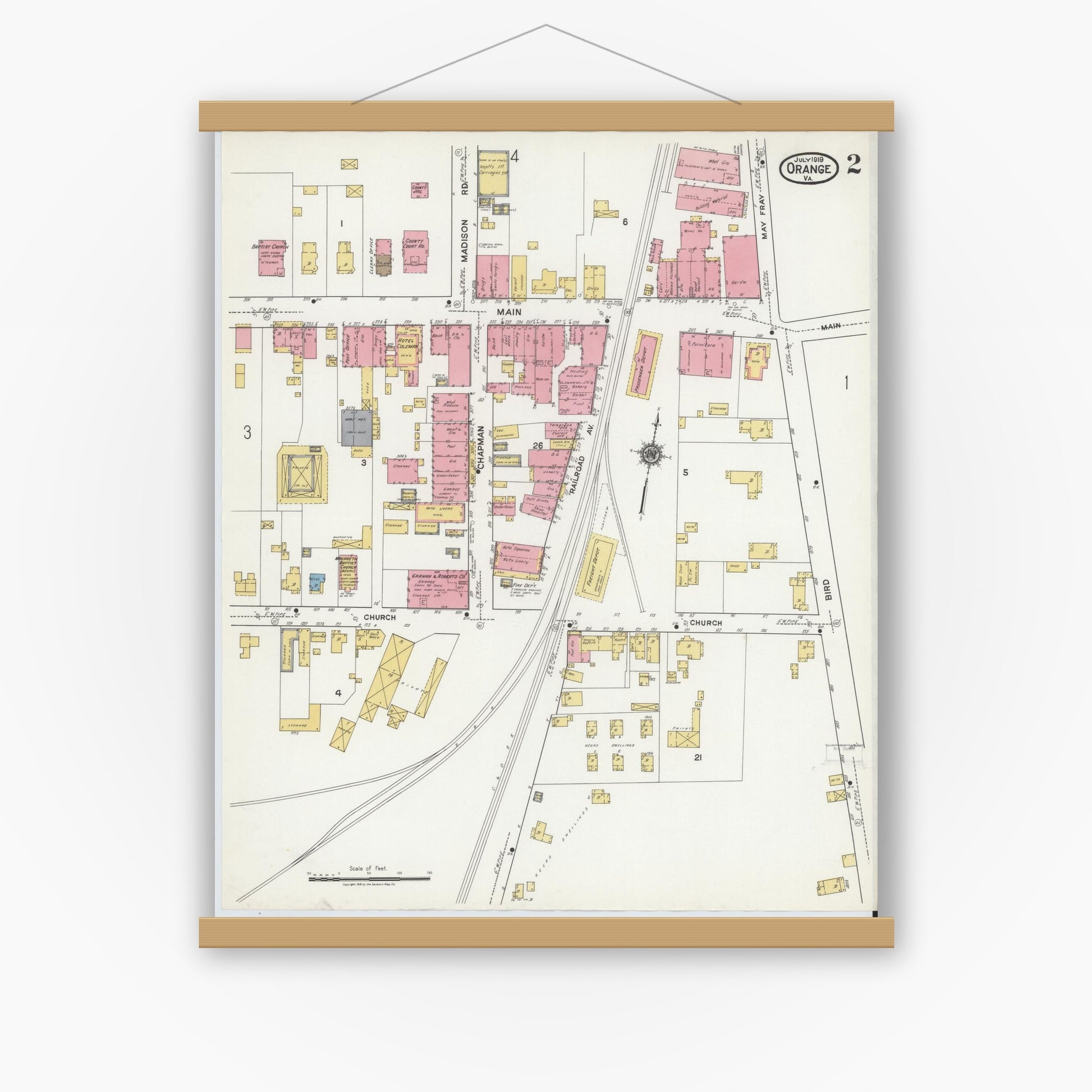 Old map wall art mockup — magnetic wood frame on white wall — Sanborn Fire Insurance Map from Orange, Orange County, Virginia (1919), Sheet #0002